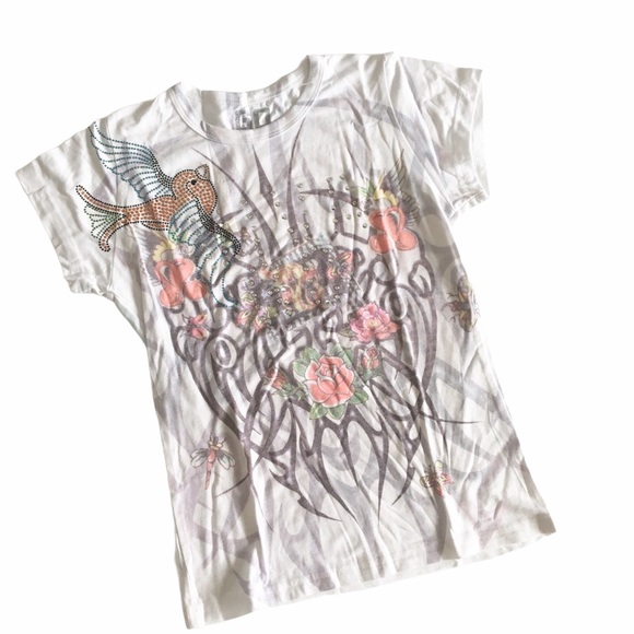 new Go Jeans Couture ❃ Edgy Tattoo Floral Print Crystal Tee T Shirt ❃ White ❃ - Picture 5 of 9